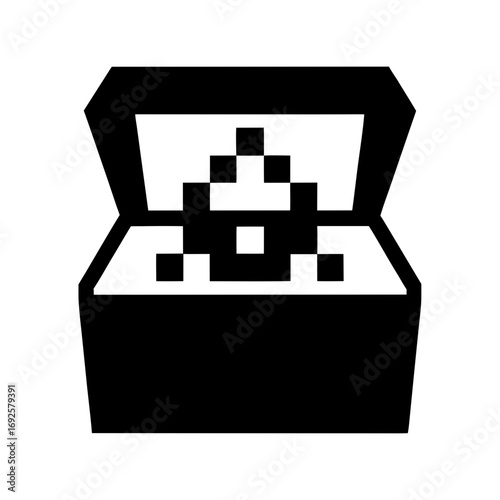 Pixelated treasure chest spilling blocks silhouette vector