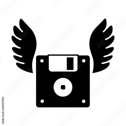 Retro floppy disk with wings silhouette symbol vector