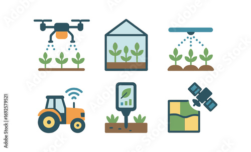 Modern agriculture technology icons: drone, greenhouse, irrigation, tractor, sensor, satellite