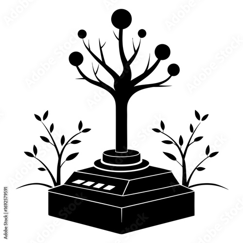 Retro joystick tree silhouette growth concept art vector