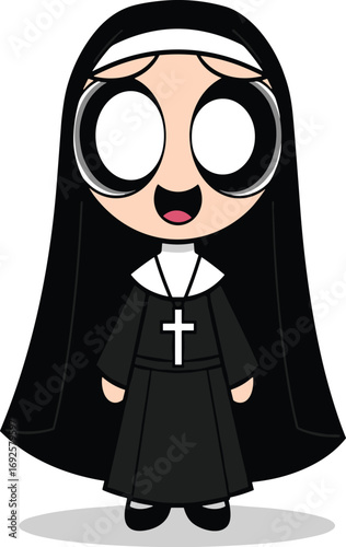 Cartoon nun character, Powerpuff style, religious costume, black habit, white cross, smiling face, vector illustration, isolated background, playful design