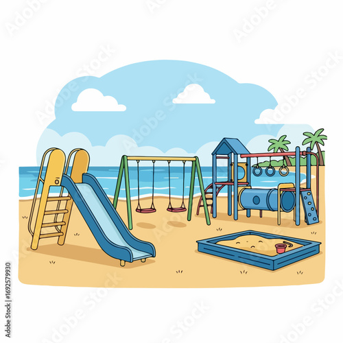 child, amusement, illustration, slide, outside, swing, outdoor, sandbox, recreation, childhood, toy, park, vector, playground, kindergarten, play, landscape, garden, cartoon, summer, house, seesaw, 