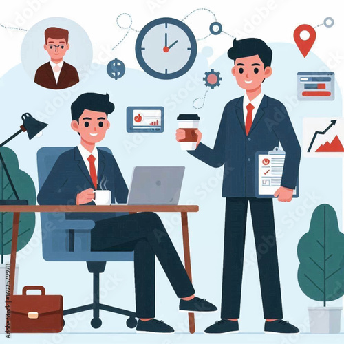 Two businessmen one seated at a desk surrounded by business icons set against a light blue background