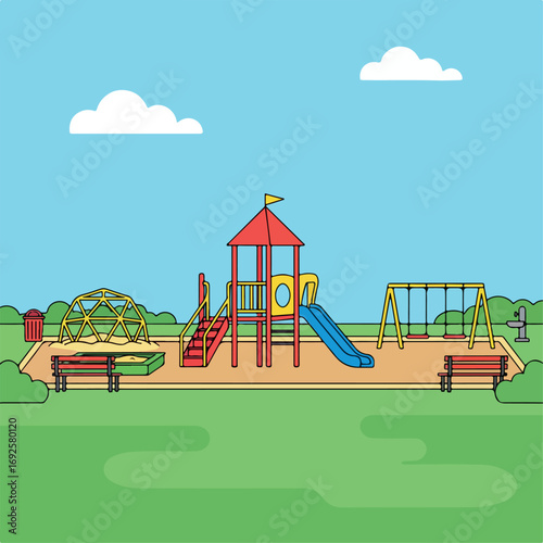 child, amusement, illustration, slide, outside, swing, outdoor, sandbox, recreation, childhood, toy, park, vector, playground, kindergarten, play, landscape, garden, cartoon, summer, house, seesaw, 