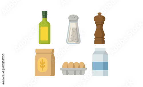 Glowing kitchen essentials: oil, salt, pepper, flour, eggs, milk in flat design
