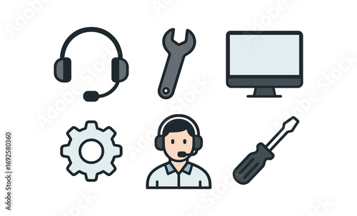 Customer support icons: tools and technology in modern flat style