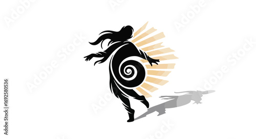 Woman in silhouette embracing light and positive energy with flowing hair and spiral design