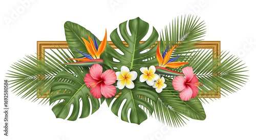 Tropical floral arrangement with frame vibrant colors and lush foliage.