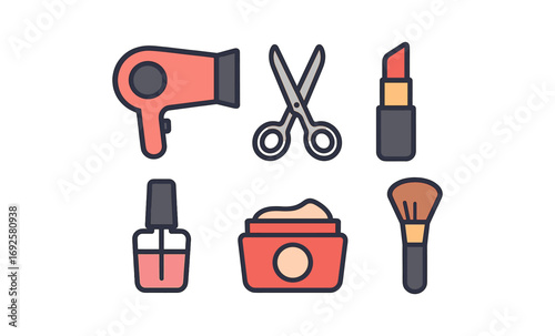 Beauty salon essentials: trendy flat style icons for hair and makeup