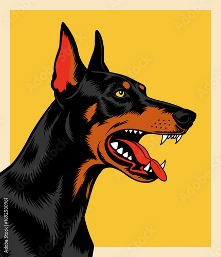Black doberman dog with open mouth. Retro vector illustration for poster design.