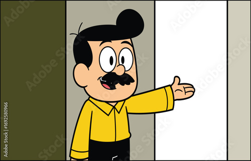 Cartoon character with mustache, yellow shirt, big eyes, animated gesture, colorful background, vector illustration, expressive pose, fun design, playful style