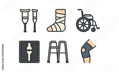 Medical aid icons: crutches, cast, and mobility tools in bold design