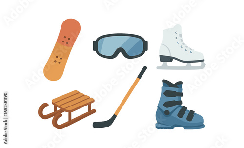 Winter sports equipment icons: ice skates, snowboard, goggles, sled, hockey stick, boots