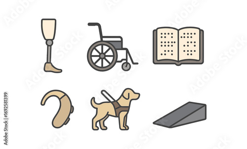 Accessibility symbols: prosthetic leg, wheelchair, braille book, hearing aid, guide dog, ramp