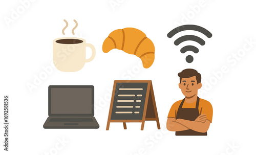 Cozy cafe vibes: coffee, croissant, and digital connectivity