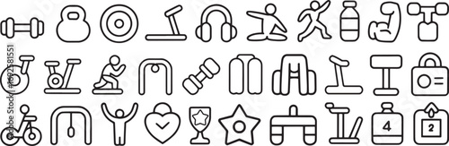 Fitness and Gym Workout Line Icons Collection / A Set of Exercise, Sports, and Health Vectors

