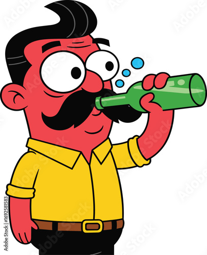 Cartoon man drinking, red skin character, green bottle, bubbles, yellow shirt, black pants, mustache, expressive face, bold colors, illustration