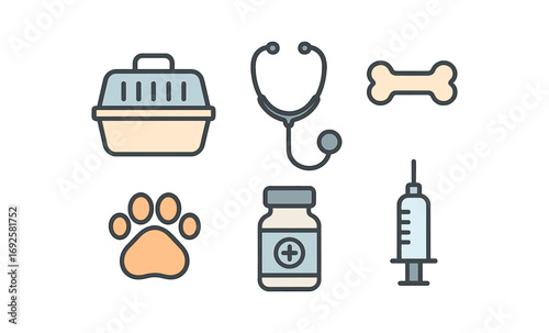 Veterinary icons: stethoscope, syringe, pet carrier, bone, paw, medicine