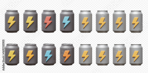 A collection of 3D rendered energy drink cans in various colors with lightning bolt symbols, arranged in two rows on a transparent background.