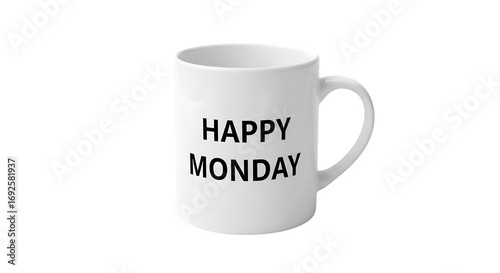 White ceramic mug with Happy Monday text.