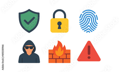 Cybersecurity icons: lock, shield, firewall, hacker, alert, fingerprint in flat design