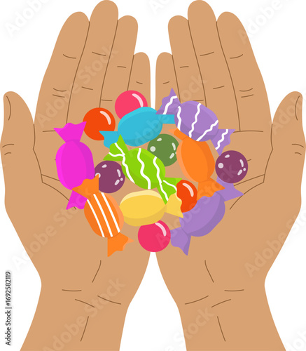 A handful of candies on open palms. Vector image.