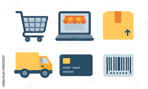 E-commerce icons: shopping cart, laptop storefront, delivery truck, credit card, barcode
