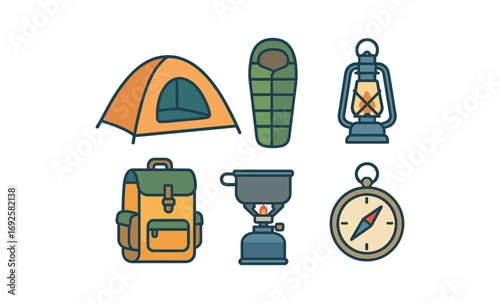 Camping gear icons: tent, sleeping bag, backpack, and more