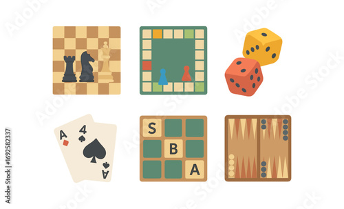 Board and card game variety in flat design with dice, chess, and puzzle elements
