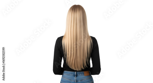 Woman with long blonde hair wearing black shirt and blue jeans.