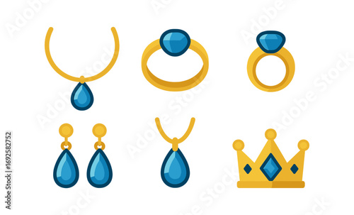 Elegant gold and blue jewelry collection with royal crown and gemstones