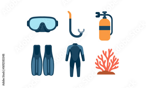 Diving essentials set: mask, snorkel, oxygen tank, flippers, wetsuit, coral