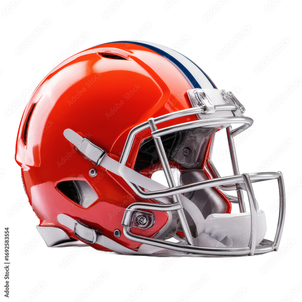 Fototapeta premium A vibrant orange american football helmet with white facemask and blue stripes on a black background