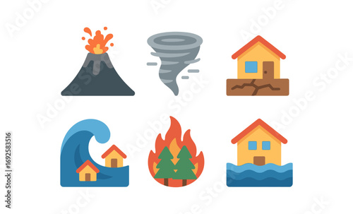 Colorful natural disasters icons featuring volcano, tornado, earthquake, tsunami, wildfire, and flood