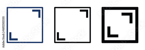 Three minimalist square corner icons in blue, black, and outlined black, perfect for design, UI, or graphic elements symbolizing borders, frames, or selection areas.