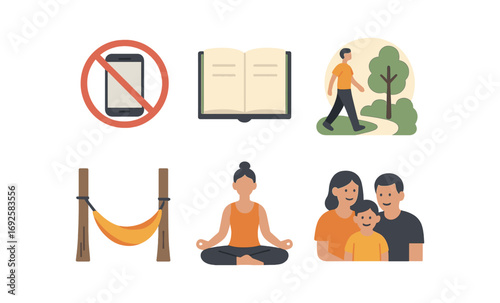 Mindfulness activities: digital detox, reading, walking, meditation, family time, relaxation
