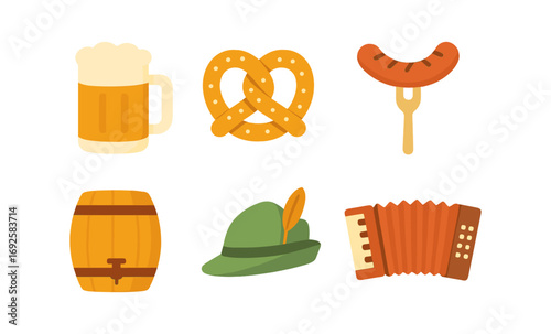 Glowing oktoberfest icons featuring beer, pretzel, sausage, barrel, hat, and accordion