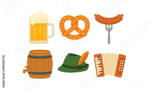 Festive oktoberfest icons: beer, bavarian pretzel, sausage, accordion, hat, barrel