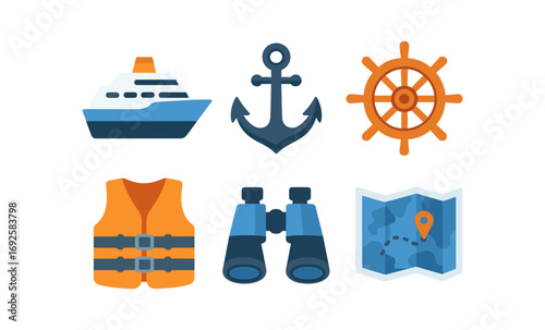 Nautical icons set: ship, anchor, wheel, life vest, binoculars, map with modern gradient effect