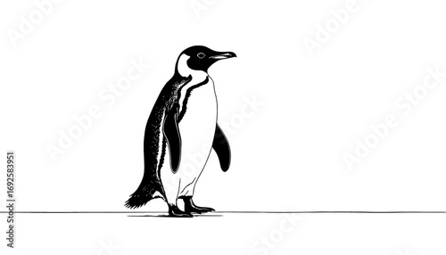 Monochrome penguin illustration standing tall, a symbol of resilience and grace, perfect for modern design projects, evoking a sense of calm and natural beauty.