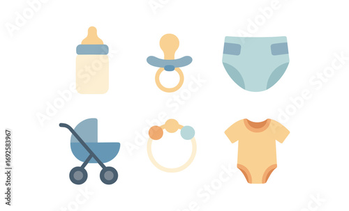 Neon glowing baby essentials icons with soft light effect