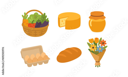 Flat style market goods: basket of vegetables, cheese, honey, eggs, bread, and flowers