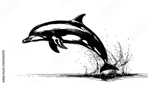 Dynamic dolphin leaping from water, a stunning black and white illustration perfect for marine life projects, evoking freedom and joy, ideal for design