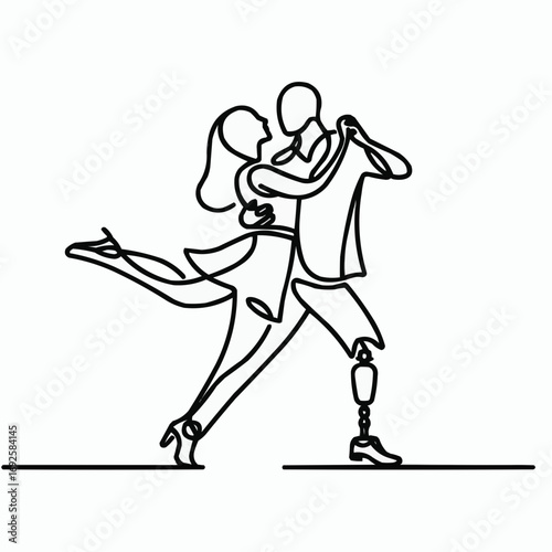 Couple dancing gracefully with prosthetic leg, celebrating love and joy in line art style