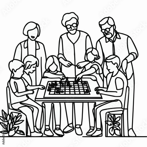 Grandparents and grandchildren playing board game together at home with joy, line art style