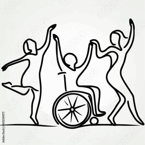 Three people dancing together, including a person in a wheelchair, celebrating joy in line art style
