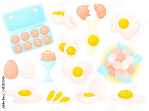 Farm eggs set of vector illustrations. Different types of chicken, boiled, fried egg, yolk and white