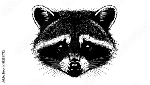 Intriguing monochrome illustration of a raccoon's head, perfect for wildlife projects, logos, and design elements, offering a touch of wilderness