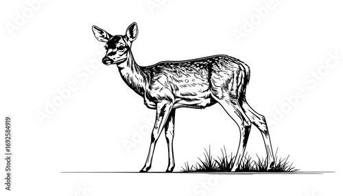 Elegant black and white illustration of a graceful young deer standing proudly with intricate details and a touch of nature's beauty