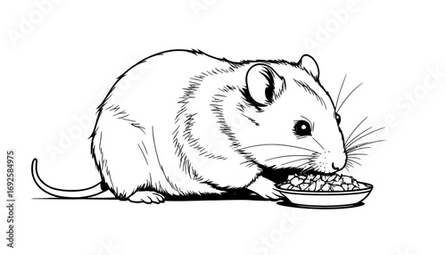 Gerbil enjoying a meal, a charming black and white illustration perfect for pet care, educational materials, and playful design projects